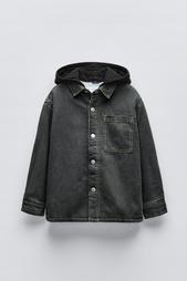 FAUX SHEARLING DENIM OVERSHIRT WITH HOOD