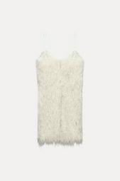 METALLIC THREAD MINI DRESS WITH FRINGING